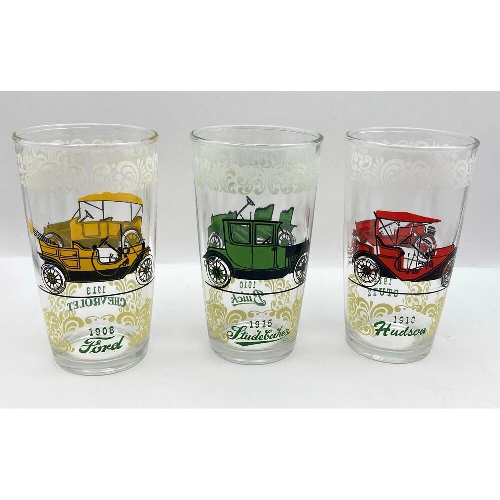 VTG Hazel Atlas Antique Cars Glass Tumbler Set of 3 10oz Ford Buick Chevrolet
